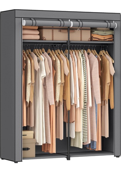 RYG02GY Elbise Dolabı, 2 Elbise Askılı Gardırop, Kıyafet Muhafazası, Kumaş Dolap, Elbise Askısı, Katlanabilir, Giyinme Odası, Yatak Odası, 43 x 140 x 174 Cm, Gri
