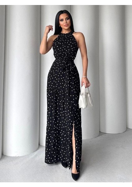 Puantiyeli Yırtmaçlı Elbise N4233