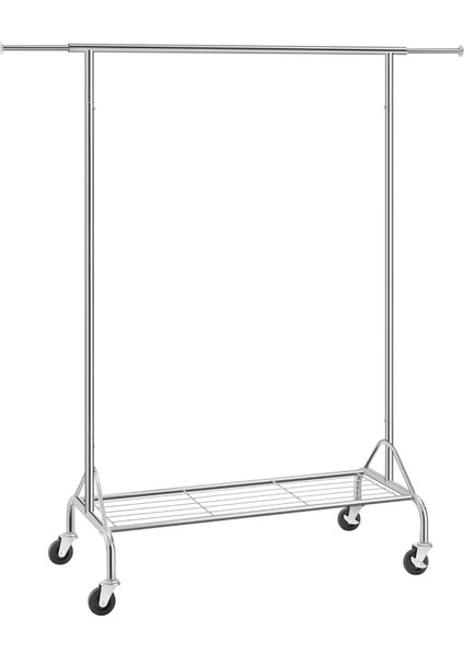 Metal Elbise Askısı, Ayakkabı Raflı, Tekerlekli, Ağır Yükler Taşıyabilir, 50 kg Taşıma Kapasiteli, Uzunluk 110,5-150,5 Cm, Krom Kaplama HSR02S