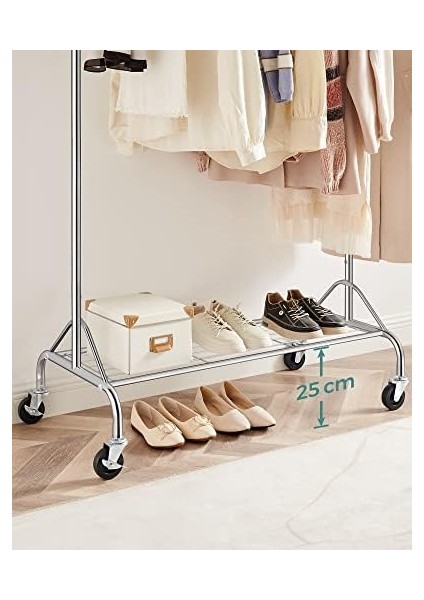 Metal Elbise Askısı, Ayakkabı Raflı, Tekerlekli, Ağır Yükler Taşıyabilir, 50 kg Taşıma Kapasiteli, Uzunluk 110,5-150,5 Cm, Krom Kaplama HSR02S fiyatları