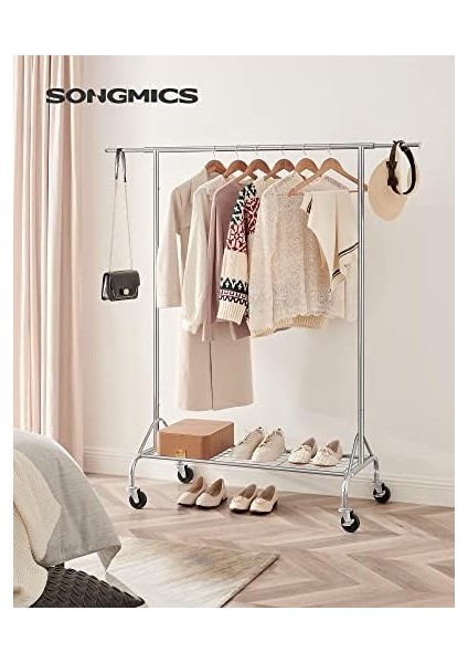 Metal Elbise Askısı, Ayakkabı Raflı, Tekerlekli, Ağır Yükler Taşıyabilir, 50 kg Taşıma Kapasiteli, Uzunluk 110,5-150,5 Cm, Krom Kaplama HSR02S modelleri