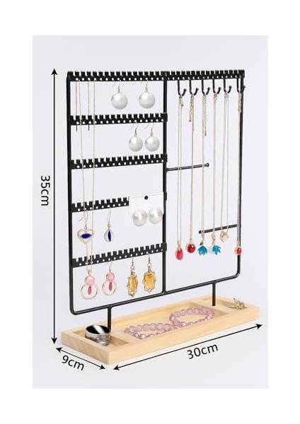 Takı Organizeri, Takı Standı Metal Stand ve Ahşap Taban, 35X30X9.5 Cm, Küpe Kolye Yüzük Düzenleyici, Siyah modelleri