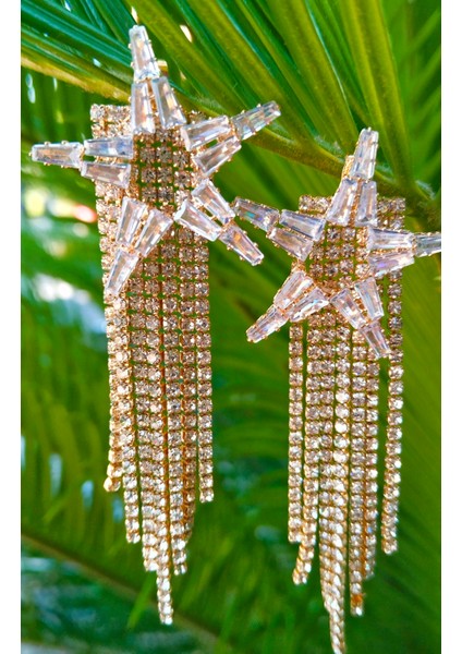 Sarı Renk Zirkon Taşlı Lüks Abiye Küpe