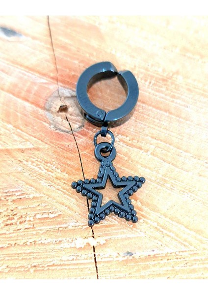 Çelik Kabartma Yıldız Siyah Unisex Küpe