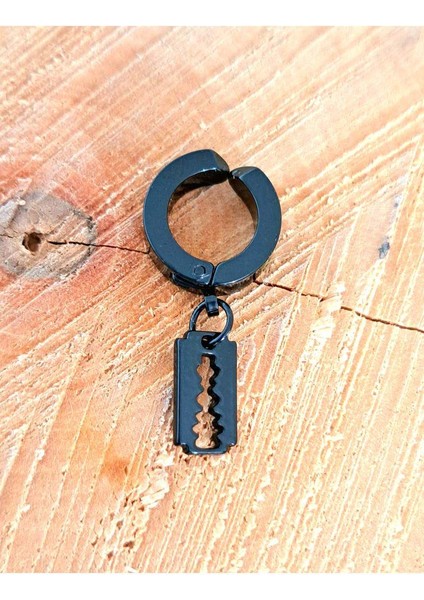 Çelik Jilet Figürlü Kıstırma Siyah Unisex Küpe