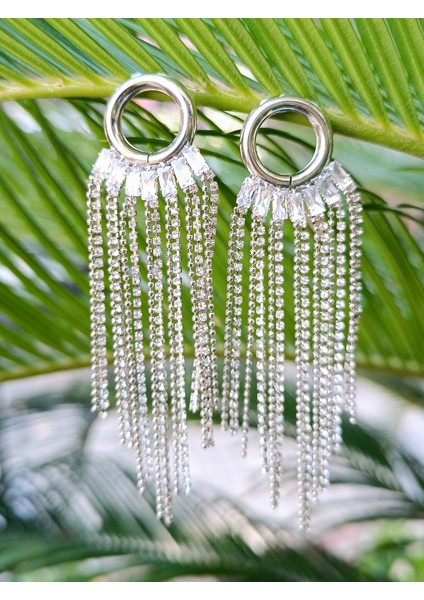 Gümüş Renk Zirkon Taşlı Lüks Abiye Küpe