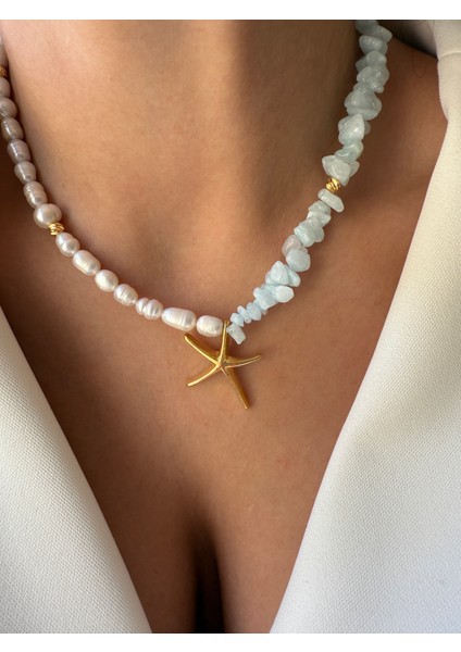 Lusora Accessory Inci ve Akuamarin Doğal Taşlı Deniz Yıldızı Figürlü Kadın Kolye indirimleri