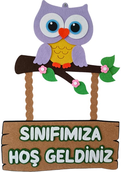 Keçe Sınıfımıza Hoş Geldiniz Okul Kapı Süsü Baykuşlu Lila