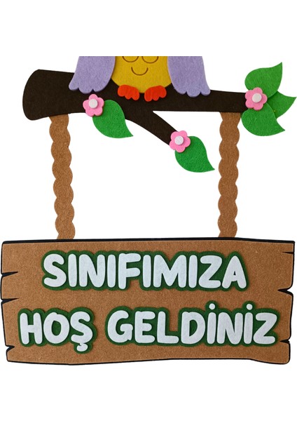 Keçe Sınıfımıza Hoş Geldiniz Okul Kapı Süsü Baykuşlu Lila modelleri