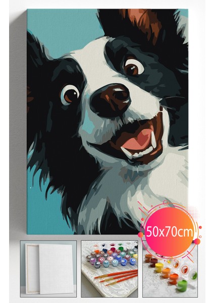 Sayılarla Boyama Seti Numaralı Tuval Fırça Boya Dahil Kasnaklı Set 50X70 cm - Gülen Köpek