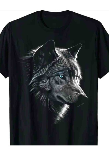 Mavi Gözlü Kurt Baskılı Özel Tasarım Oversize Tshirt