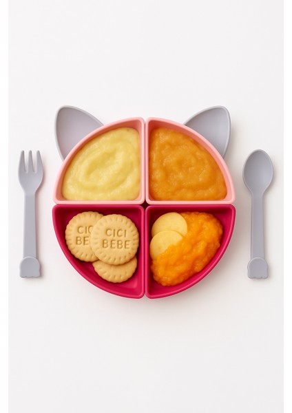 Kedi Kulaklı 4 Bölmeli Mama Tabağı + Kaşık Çatal Seti (22 Cm) - Bebek ve Çocuklar Için