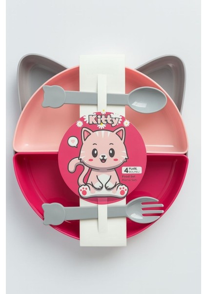 Kedi Kulaklı 4 Bölmeli Mama Tabağı + Kaşık Çatal Seti (22 Cm) - Bebek ve Çocuklar Için fiyatları