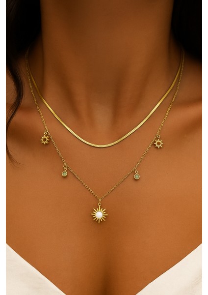 Çelik Kolye 2 Li Zirkon Taşlı Işıltılı Güneş Şık Zarif