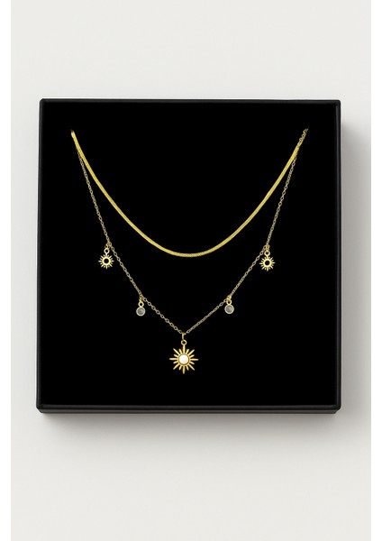 Çelik Kolye 2 Li Zirkon Taşlı Işıltılı Güneş Şık Zarif fiyatları