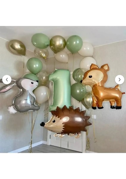 Orman Hayvanlar Temalı Tavşan Kirpi Ceylan Retro Yeşil Rakam Folyobalonlu Doğum Günü Parti