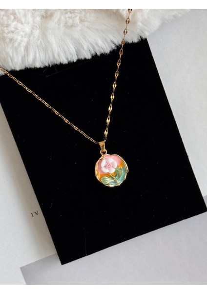 Pembe Beyaz Çiçek Luxury Çelik Kolye, Zarif Gold Kolye