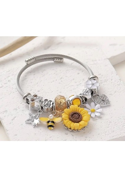 Charm Bileklik – Ayçiçeği, Arı ve Çiçek Detaylı Yazlık Tasarım, Gümüş Renk