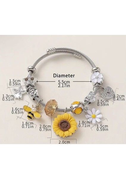Charm Bileklik – Ayçiçeği, Arı ve Çiçek Detaylı Yazlık Tasarım, Gümüş Renk modelleri