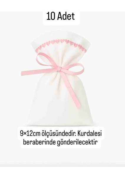 Pembe Nakışlı Beyaz Renk Ham Bez Kese 9×12CM 10 Adet- Düğün, kınagecesi, Mevlit -Çok Amaçlı Bez Kese Bez Poşet