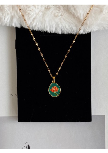 Vintage Çiçek Gül Lale Sanat Çelik Kolye