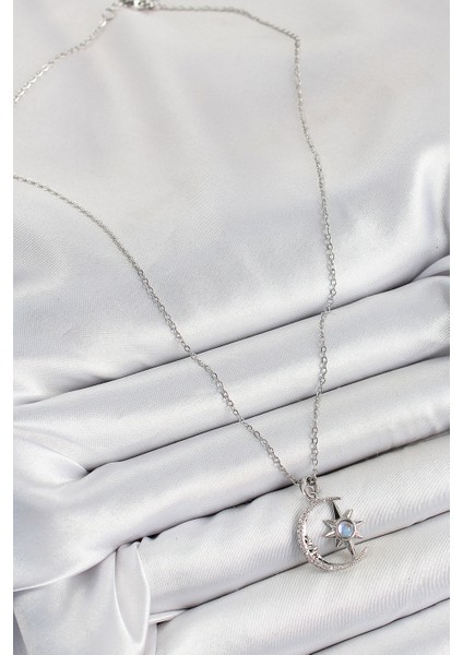 316L Çelik Zirkon Taşlı Kutup Yıldızlı Hilal Model Gümüş Renk Kadın Kolye fiyatları