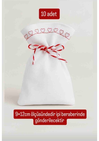Kırmızı Nakışlı Beyaz Renk Ham Bez Kese 9×12CM 10 Adet- Düğün, kınagecesi, Mevlit -Çok Amaçlı Bez Kese Bez Poşet