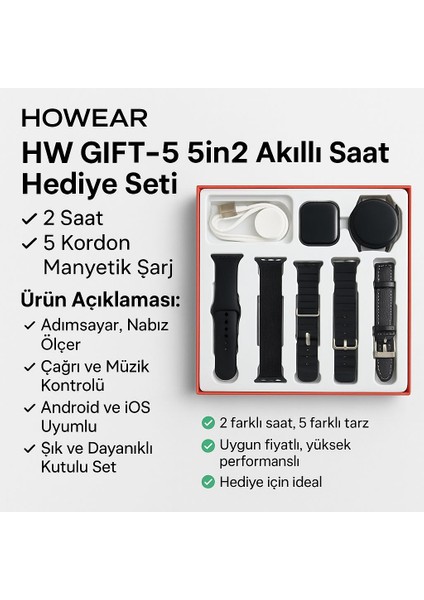 Howear Hw Gıft-5 5in2 Bay Bayan Akıllı Saat Hediye Seti | 2 Saat + 5 Kordon + Manyetik Şarj