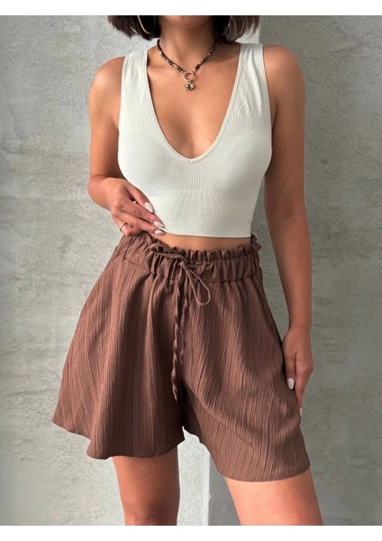 Volanlı Keten Şort Kahve S255058