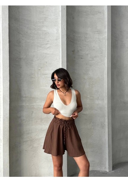 Volanlı Keten Şort Kahve S255058 fiyatları