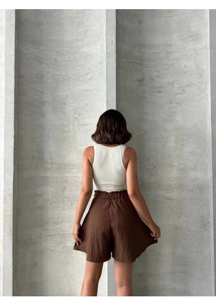 Volanlı Keten Şort Kahve S255058 indirimleri