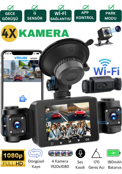 CC-40 WiFi Full HD Türkçe 4 Kameralı Araç İçi Güvenlik Kamerası | Ön, Arka, İç Kayıt | 64GB Uyumlu | Gece Görüşlü