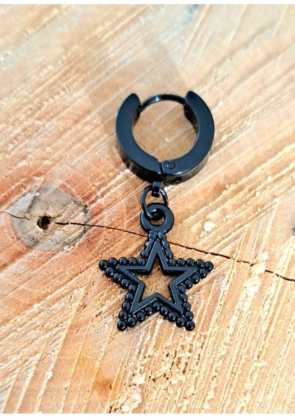 Çelik Kabartma Kıstırma Yıldız Siyah Unisex Küpe