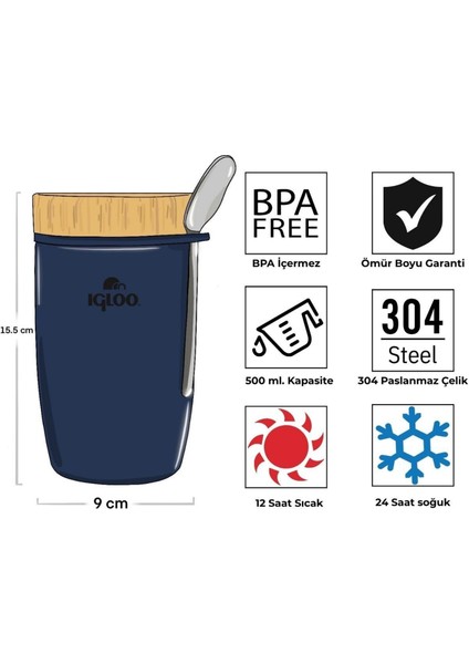 Çelik Yemek Termos - Igloo - Bamboo - 500 ml - Lacivert - 205789 modelleri