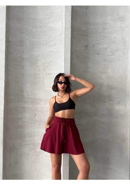 Volanlı Keten Şort Bordo S255058 fiyatları