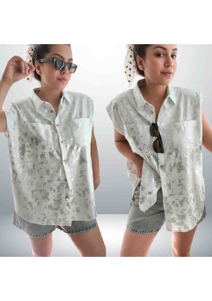 Gümüş Yaldızlı Sıfır Kol Vatkalı Kadın Gömlek