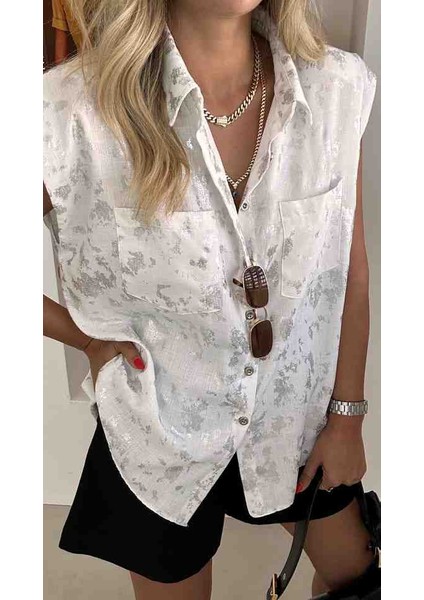 Gümüş Yaldızlı Sıfır Kol Vatkalı Kadın Gömlek modelleri