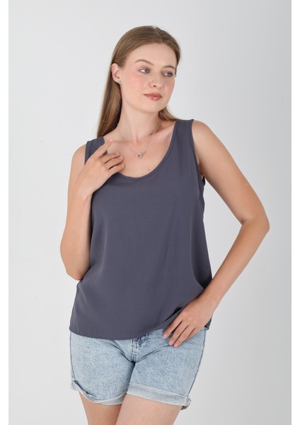 Viskon Kumaş Kalın Askılı Indigo Kadın Bluz