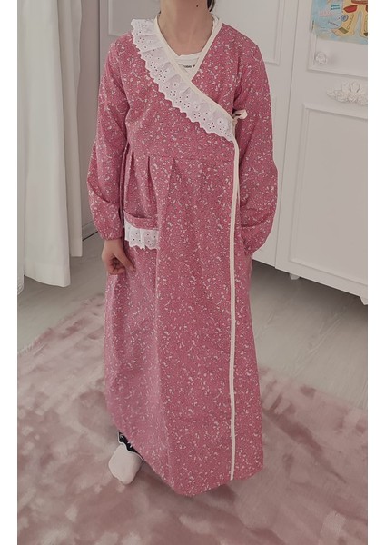 Kız Çocuk Pembe Çiçekli Namaz Elbisesi % 100 Pamuklu Poplin Kumaş 3-14 Yaş