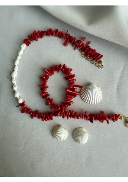 Lusora Accessory Kırmızı Mercan& Beyaz Deniz Kabuğu Doğal Taş Choker Kolye – El Yapımı Zarif Tasarım fiyatları
