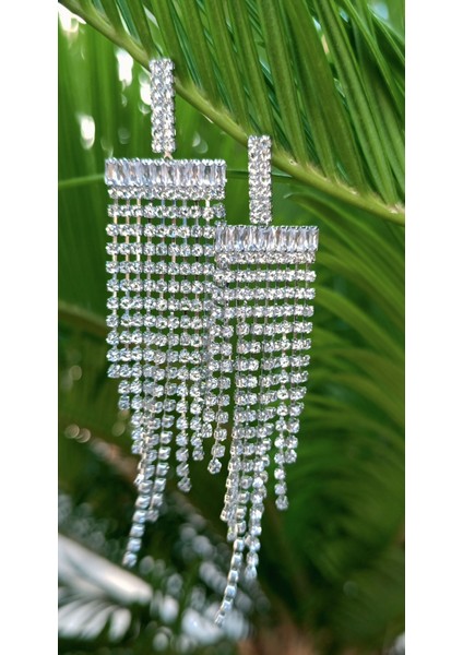 Gümüş Renk Zirkon Taşlı Lüks Abiye Küpe