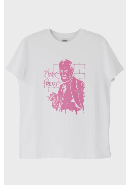Pink Freud Baskılı Mizahi Tasarım Beyaz Tişört