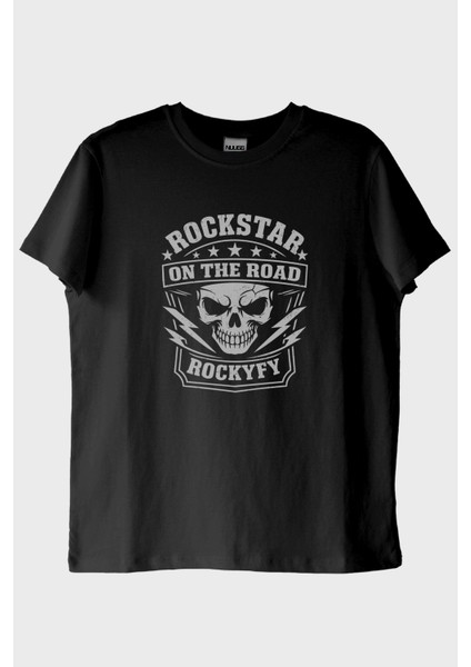 Rockstar On The Road Kafatası Baskılı Siyah Tişört