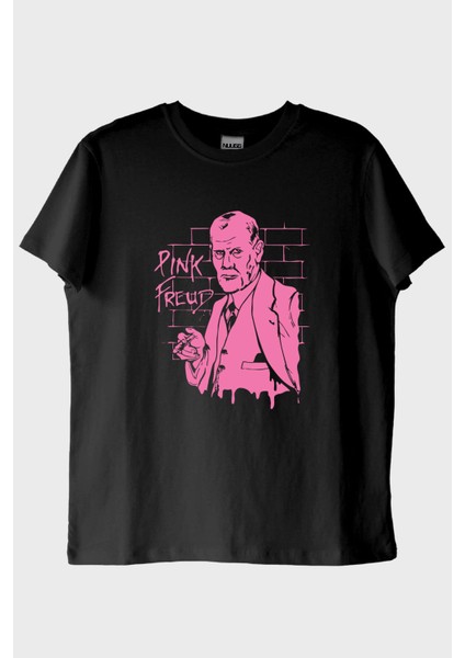 Pink Freud Baskılı Mizahi Tasarım Siyah Tişört