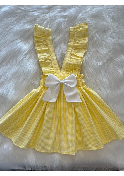 Kız Çocuk Sarı Pötikareli Beyaz Fiyonklu Fırfır Askılı Salopet Elbise (%100 Pamuk Kumaş)