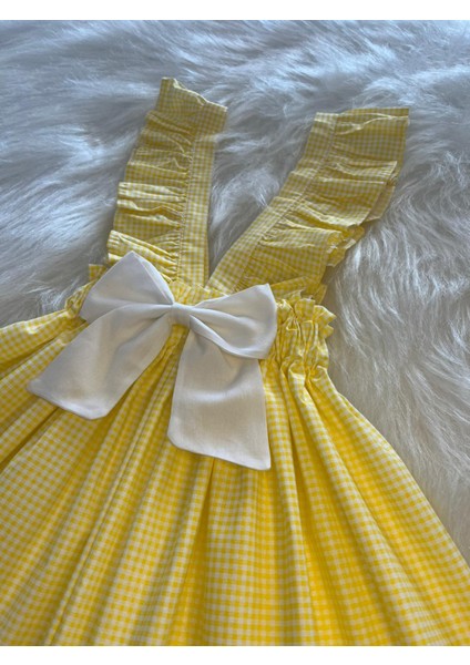 Kız Çocuk Sarı Pötikareli Beyaz Fiyonklu Fırfır Askılı Salopet Elbise (%100 Pamuk Kumaş) fiyatları