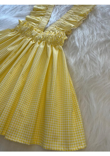 Kız Çocuk Sarı Pötikareli Beyaz Fiyonklu Fırfır Askılı Salopet Elbise (%100 Pamuk Kumaş) modelleri
