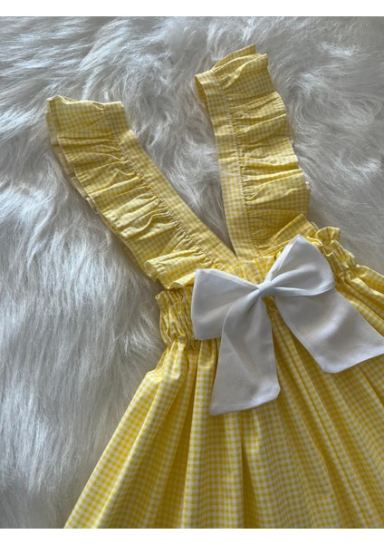 Kız Çocuk Sarı Pötikareli Beyaz Fiyonklu Fırfır Askılı Salopet Elbise (%100 Pamuk Kumaş) fırsatları