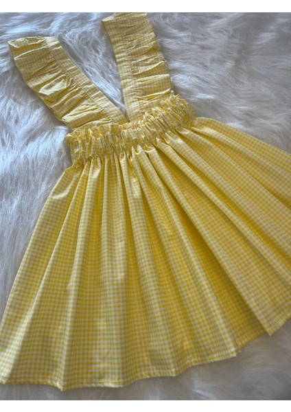 Kız Çocuk Sarı Pötikareli Beyaz Fiyonklu Fırfır Askılı Salopet Elbise (%100 Pamuk Kumaş)