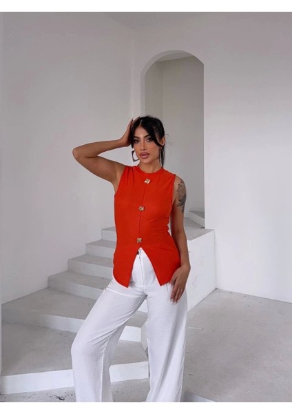 Kadın Turuncu Bisiklet Yaka Gold Düğmeli Ottoman Bluz S2310 modelleri
